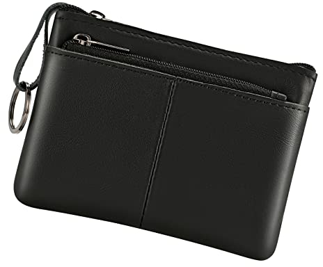 Münzgeldbörse aus echtem Leder, dreifacher Reißverschluss, Kartenhalter mit Schlüsselring, Schwarz , Münztasche