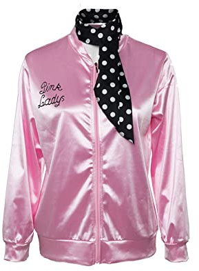 Seaehey Chaqueta de satén rosa para damas de los años 50 con bufandas para el cuello, chaqueta bomber de satén de los años 60 y 70, chaqueta vintage universitaria de béisbol con cremallera, abrigo Hip