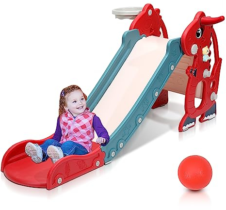 Jopassy Scivolo, scivolo per bambini, 4 in 1, torre da gioco con telaio da basket e macchina inglese Early Learning Machine, scivolo per bambini dai 2 anni in su, per interni ed esterni (rosso)