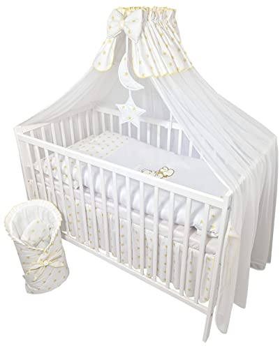 Bello24 - 13 Teiliges Babybett Kinderbett und Bettwäsche komplett Set Timmi inkl. Matratze höhenverstellbar für Neugeborene Babys und Kleinkinder Bestickt (Teddybär Mond goldene Sternchen)