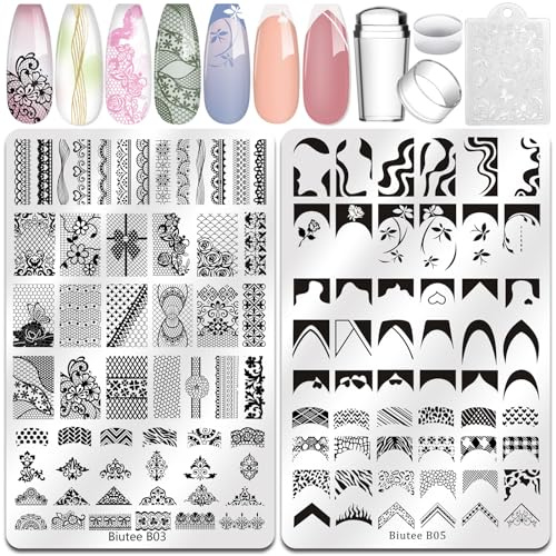 Biutee Nail Stamping Plates 2Pcs French Tip Stamp Plate 110 Patterns Nail Stamping Kit With Silicone Stamper Scraper Large Lace Line Flower Nail Art Stamping Template Holiday Gift for Women