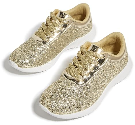 LUCKY STEP Damen Glitzer Turnschuhe Strass Sneaker Leichte Metallische Pailletten-Tennisschuhe (Gold, 8US-38EU-5UK)