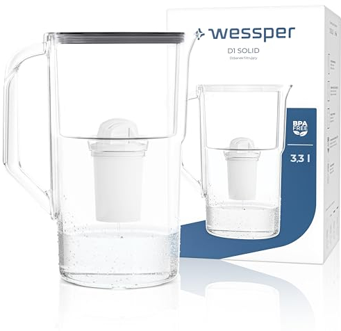 Wessper Wasserfilter Kanne 2,8 Liter, Wasser Karaffe mit LED-Zählwerk, Karaffe mit Classic Filter, Aktivkohle Wasserfilter, Kompatibel mit Brita Filter Classic – Schwarz