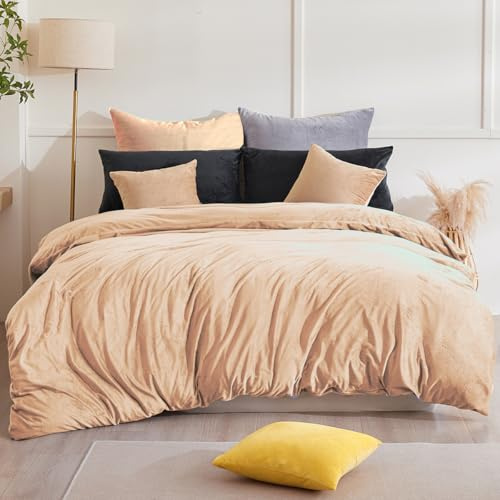 Beqnat Biancheria da letto invernale in flanella, 220 x 240 cm, set di biancheria da letto invernale in pile cashmere touch, 1 copripiumino + 2 federe 80 x 80 cm, con chiusura lampo, colore beige