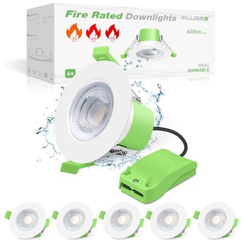 ALUSSO Fire Rated LED Downlights 6W 600lm, 3CCT Colors Selectable 3000K/4000K/6500K Warm Neutral Cool White Recessed Ceiling Lights Dimmable, Spotlights IP65 Waterproof for Bathroom, White 6 Pack