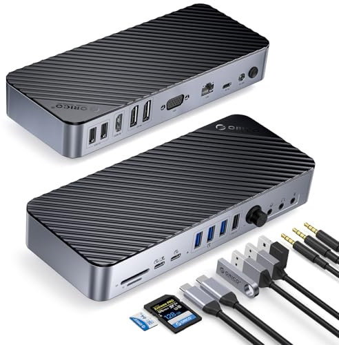 ORICO 20 IN 1 Docking Station, Hub USB C a Tre Display con 2 DP, HDMI, VGA, 60W PD, USB C 3.2 18W PD, USB C 3.2, 3 USB A 3.0, 3 USB A 2.0, RJ45, 3 tipi di AUX, SD/TF, Pulsante del Volume