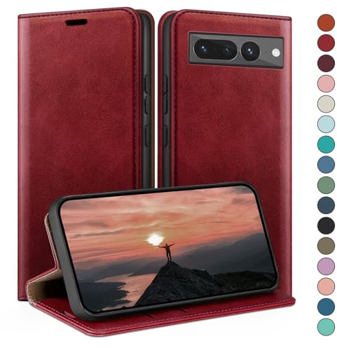 HUOUH für Google Pixel 7 Pro 5G Hülle mit RFID Schutzhülle aus Lederhülle Handyhülle,Kartenfach Leder ständer Handy hülle,360 Grad Schutz Cover für Pixel 7 Pro Klapphülle Wallet Case Rot