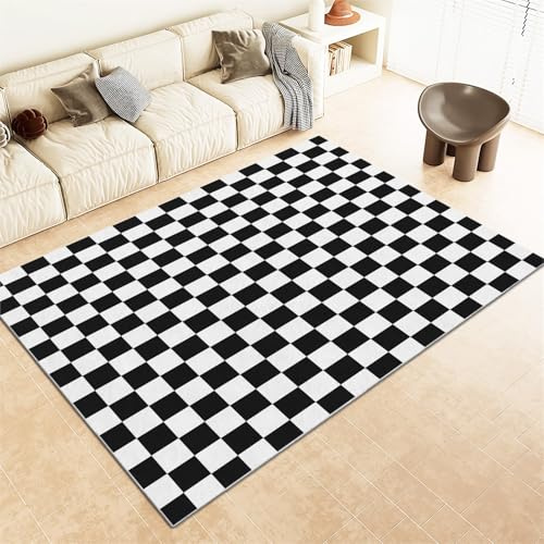 Tappeto a scacchiera bianca e nera per interni, 180 x 240 cm, antimacchia, lavabile, antiscivolo, ideale per aree ad alto traffico in soggiorno, camera da letto, patio o veranda, non perde pelo