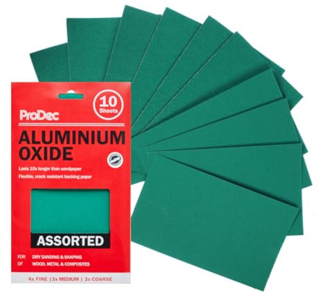 ProDec Advance Papier abrasif à base d'oxyde d'aluminium, 10 feuilles de différentes qualités pour le ponçage du bois, de la peinture, du plâtre, du matériau de remplissage, 9 « x 5,5 », 230 x 140 mm