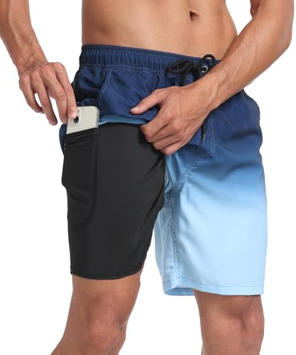 Badshorts för män med kompressionsfoder, 2-i-1 stretchiga strandshorts med fickor, snabbtorkande, för sommar, surf och sport