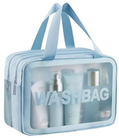 Clear Toiletry Bag, Wet Dry Separation PVC Makeup Cosmetic Bag, Large Capacity PVC Wash Bags with Handles for Women Girls Blue