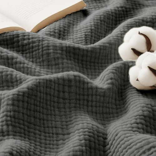 Lanqinglv Musselin Kuscheldecke 220x240cm Baumwolle Decke, 4-Lagig Musselin Sommerdecke Grau Tagesdecke Oeko-Tex zertifizierte, Wohn- & Kuscheldecke für Couch und Sofa,Bett-Überwurf,Baumwolldecke