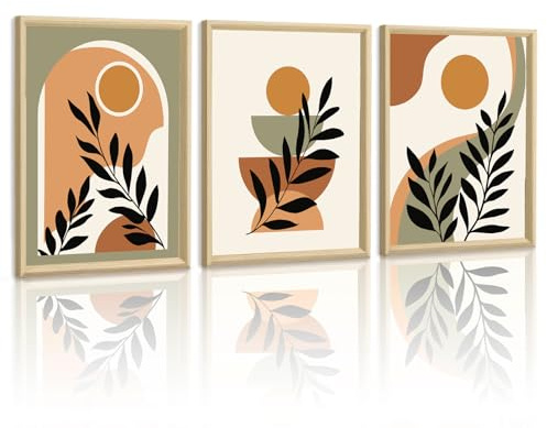 WENGTIAO Cuadros Decoracion con Marco, Boho Abstracto Geométrico Cuadros Decoracion Salon Modernos, Minimalista Botánico Neutral Pintura Sobre Lienzo para Dormitorios Decoracion Pared Casa 30x40cmx3