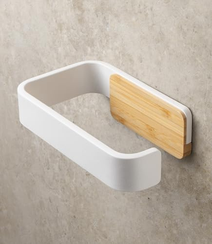 KAZAI. Porte Papier Toilette sans perçage | Métal avec Bambou véritable | Support Papier Toilette Mural | Dérouleur WC adhésif | Porte-Rouleau pour Salle de Bain | Blanc, Bambou