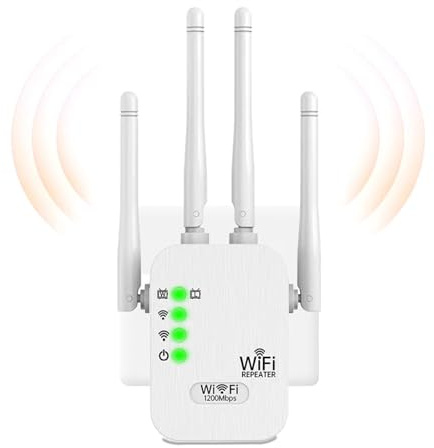 Kraftfull WLAN-repeater, 1200 Mbps dubbla band (5 GHz + 2,4 GHz), WLAN-förstärkare med 4 antenner, repeater/router/AP, 2 LAN-portar, kompatibel med alla internetboxar, inomhus/utomhus