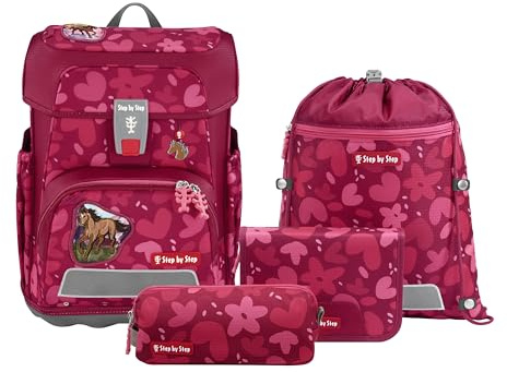 Step by Step Schulranzen-Set Cloud „Wild Horse Nora“ 5-teilig, rot, Pferd-Design, ergonomischer Tornister mit Reflektoren, höhenverstellbar mit Hüftgurt für Mädchen ab der 1. Klasse, 19L