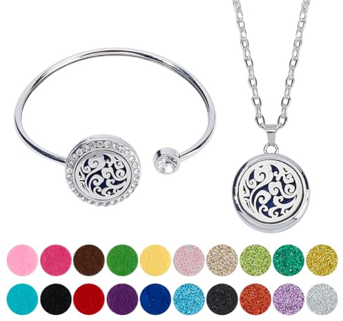 Hobbspring Collana con diffusore di oli essenziali, albero della vita e nuvola, per aromaterapia, bracciale rigido in lega con strass, braccialetti e collana con 20 cuscinetti di ricarica per donne