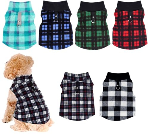 Rbenxia 6 Piece Buffalo Plaid Dog Sweater Set Soft Fleece Vest & Pullover Jacket with Leash Ring for Puppy, Cat Small Dog Pets Warm Winter Outfits (Red, Green, Blue, Black, Bright Blue, Gray, Small)