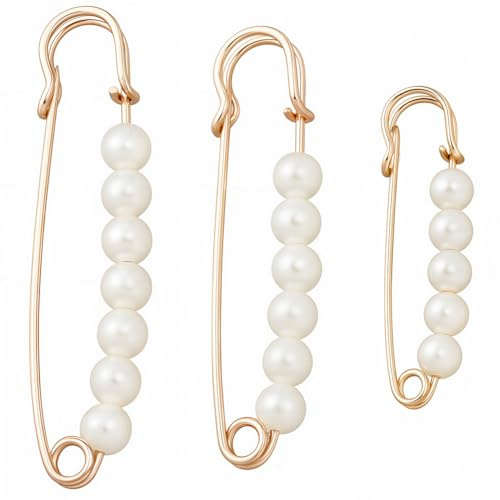 SUNNYCLUE 1 Caja de 12 broches de Seguridad de 3 Estilos, Alfiler de Seguridad de Perlas, de Moda, de Metal de Hierro Dorado, Imitación de Perlas de Plástico, Broche con Cuentas, Insignia para Mujer,