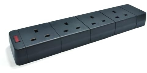 kenable 4 Gang 13A UK Rewireable Mains Extension Socket with Neon Power Indicator Black 26cm Trailing Lead