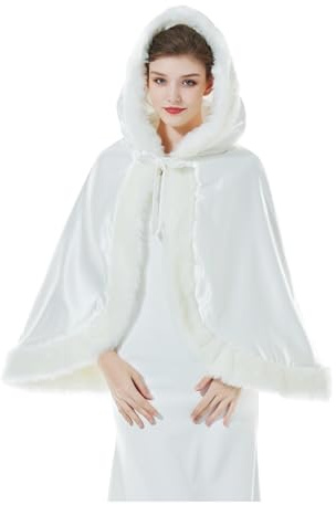 Wedding Cape Hooded Cloak for Bride Winter Reversible with Fur Trim Free Hand Muff Hip-Length Ivory