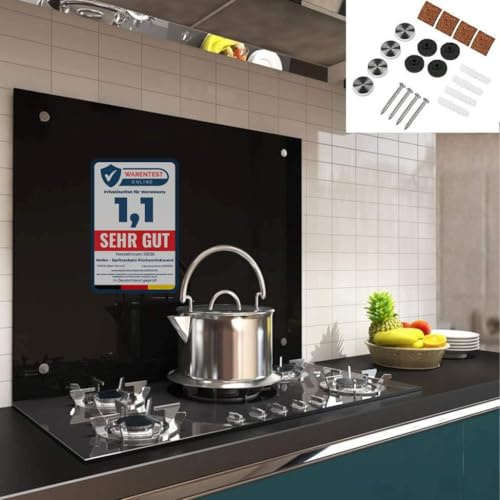 Melko Vetro di sicurezza ESG, 90 x 55 cm, protezione paraspruzzi in vetro per piano cottura, piastrelle, 6 mm, con viti, colore: nero