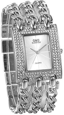 JewelryWe Damen Uhren Elegant Analog Quarz Armbanduhr Strass Rechteckig Beiläufige Uhr mit dreifach Panzerkette Armband Silber