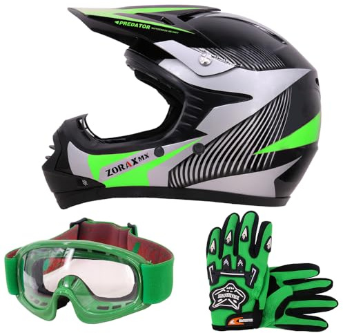 Zorax ZOR-X19 Youth Motocross Helmet & Gloves & Goggles | Green M (51-52cm) - Gloves M(6cm) Junior Dirt Bike Off Road Motorcycle Crash Helmet ECE 2206