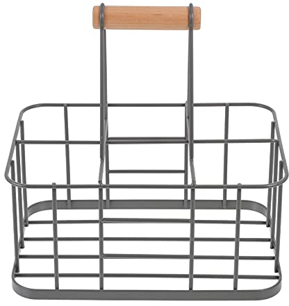 Flaschenträger Metall 6 Flasche Flaschenhalter Flaschenkorb Bierkasten Bier Rack mit Holz Haltegriff für Dosen Bier Wein Grill Hotel Restaurant Bar Grau