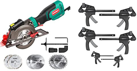 Scie Circulaire, HYCHIKA 750W 3500RPM Petite Scie Circulaire, 6 Lames(115 & 125mm) & Amazon Basics Serre-joints une main Lot de 6 pièces - 2 pièces 10,16 cm, 4 pièces 15,24 cm