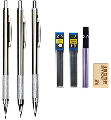 MROOFUL Set di matite colorate in metallo completo di 0,3, 0,5, 0,7, 0,9, 1,3, 2,0 mm, con mina, forniture scolastiche per ufficio (matita da 0,9 1,3 e 2,0 mm)