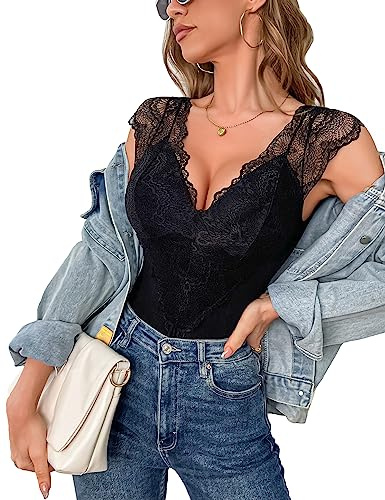 Aranmei Body pour femmes Sexy dentelle Body manches dames Sexy justaucorps haut avec fermeture à pression sortie haut décontracté, noir, M