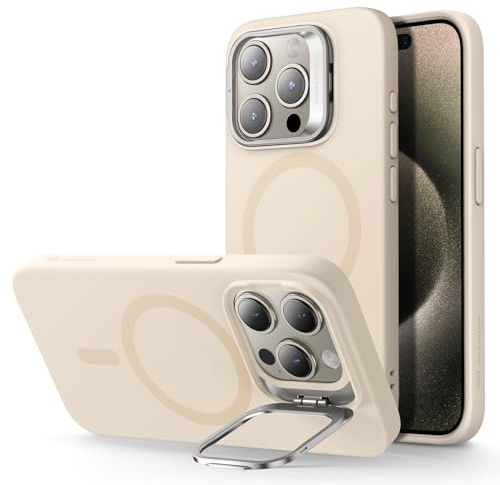 ESR für iPhone 15 Pro Hülle, Kompatibel mit MagSafe Silikon hülle mit Ständer, Militärnorm Schutz, integrierter Kameraständer, magnetisches Handy Case für iPhone 15, Cloud-Serie, Beige