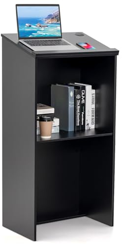 GIANTEX Podium, Hostessenständer für Redner mit Ablagefläche & Kabellöchern, Rednerpult, Kanzel für Kirche, Stehpult aus Holz für Klassenzimmer, Büro, Restaurant, Seminar, 58 x 40 x 117cm (Schwarz)