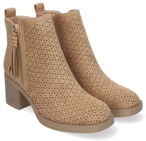 shoes&blues.es 83819 Botines de Mujer Primavera Verano Elegantes y Comodos con Tacon Ancho, Diseno Perforado con Doble Cremallera Lateral con Fleco, Ideal para Cualquier Ocasion. Taupe Talla 39