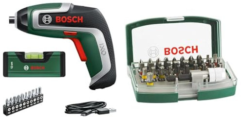 Bosch Cordless Screwdriver IXO Spirit Level Set (7th Generation; Set Including Mini Spirit Level with Micro USB Cable; Boxed) + 32pc. Screwdriver Bit Set (PH-, PZ-, Hex-, T-, TH-, S-Bit, Accessories)