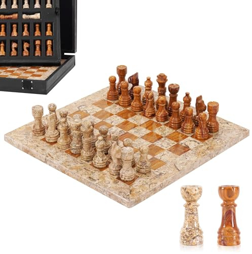 Set di scacchi in marmo da 25,4 cm, corallo e marrone scuro, con scatola portaoggetti e 2 giochi da tavolo classici fatti a mano extra queen per adulti, scacchiera in marmo di lusso e pezzi di scacchi