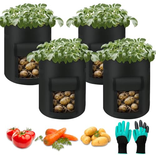 Helterfolg Potato Grow Bag, Plant Grow Bags with Strap Handles and Access Flap, Garden Growing Bag with Garden Gloves for Potatoes and Other Vegetables (4-Packs 7 Gallon)
