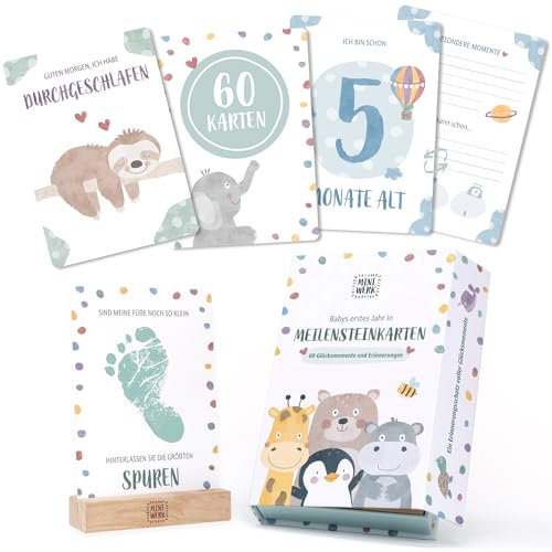 Miniwerk Meilensteinkarten Baby 60 Stück – persönliches Geschenk zur Geburt, Erinnerungsbox Baby, Babytagebuch, Ergänzung zur Baby Erstausstattung für Neugeborene und Eltern, Kontrastkarten Baby