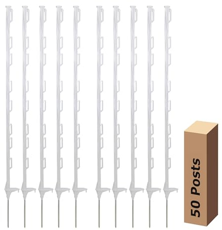 50 Pack Electric Fence Posts, 48 Inch Plastic Step in Fence Post, Temporary Fence Posts for Farm Protection and Livestock, White