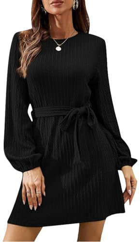 LIAMERHE Midi Robe Femme Manches Longues Col Rond Chic Elegant Robe Pull Automne et Hiver Casual Robes A-Line Rayures Verticales avec Ceinture Noir M