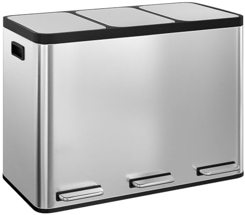 STEELSØN Epsilon Mülleimer 3 Fächer – Mülltrennsystem Küche 3x15L aus Edelstahl Silber – Tretmülleimer mit Soft-Close-Deckel – Abfalleimer mit herausnehmbaren Inneneimern für Recycling & Restmüll