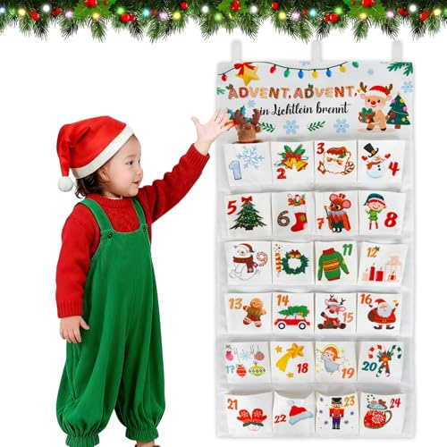 HUTRADE Calendrier de L'Avent À Remplir en Tissu avec 24 Poches Spacieuses, avec Flocons et Rennes, Comprend un poteau en bois et une corde de suspension, Idéal pour Décoration de Noël Familiale