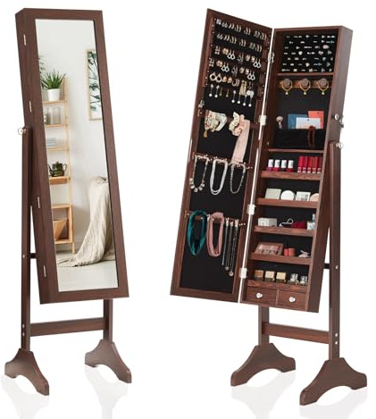 Sweetcrispy Freestanding Jewelry Armoire Cabinet, 47.3-Inch Full Length Jewelry Organizer Standing Mirror, Tall Lockable Large Capacity Makeup Organizer Storage, Velvet Lining, 3 Angles, Rustic Brown