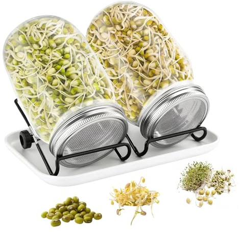 MFUSUL Ribbstursglas groddar set om 2 st, groddar spritburk med 2 x 750 ml groddar glas, 1 bricka, 2 justerbara hållare och 2 lock av rostfritt stål, grobarhet idealisk för Alfalfa, broccoli, Mungoboh