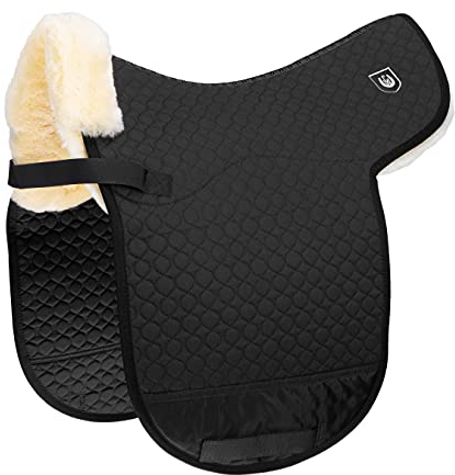 Werner Christ Lammfell Dressur Satteldecke Champ D Sattelunterlage für Dressurreiten, mit Sitzbereich aus echtem Fell, für Sommer & Winter, Dressursatteldecke in schwarz, Größe Warmblut