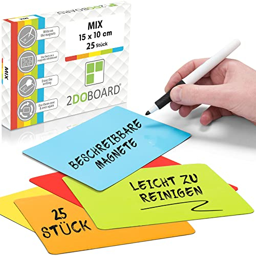 2DOBOARD Beschreibbare Magnete groß 15 x 10 cm für Kanban Board oder Scrum Tafel - 25 Stück - Magnet etiketten beschreibbar für Whiteboard - Magnete zum beschriften - Magnetic Notes (Mix 5 Farben)
