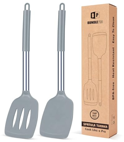 Juego de 2 Espátulas de Silicona, Espátula Antiadherentes Resistente al Calor, Utensilios de Cocina para Servir, Freir, Cocinar Huevos, Peacado, Verduras, Steak, Tortitas（Gris）