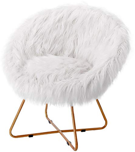 BIRDROCK HOME White Faux Fur Chair with Pale Gold Legs for Dorm Room, Teens Bedroom - Fuzzy Papasan Chair - Comfy Wide Cushion Seat - Accent Chair - Moon Chair - Metal - Fluffy Round Seat - White