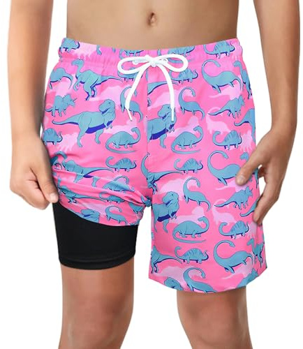 Boys Pink Dinosaur Swim Trunks with Boxer Brief Liner Anti Chafe No Mesh Swimming Shorts Compression Lined 4-Way Stretchy UPF Quick Dry Bathing Suit Size 14-16
